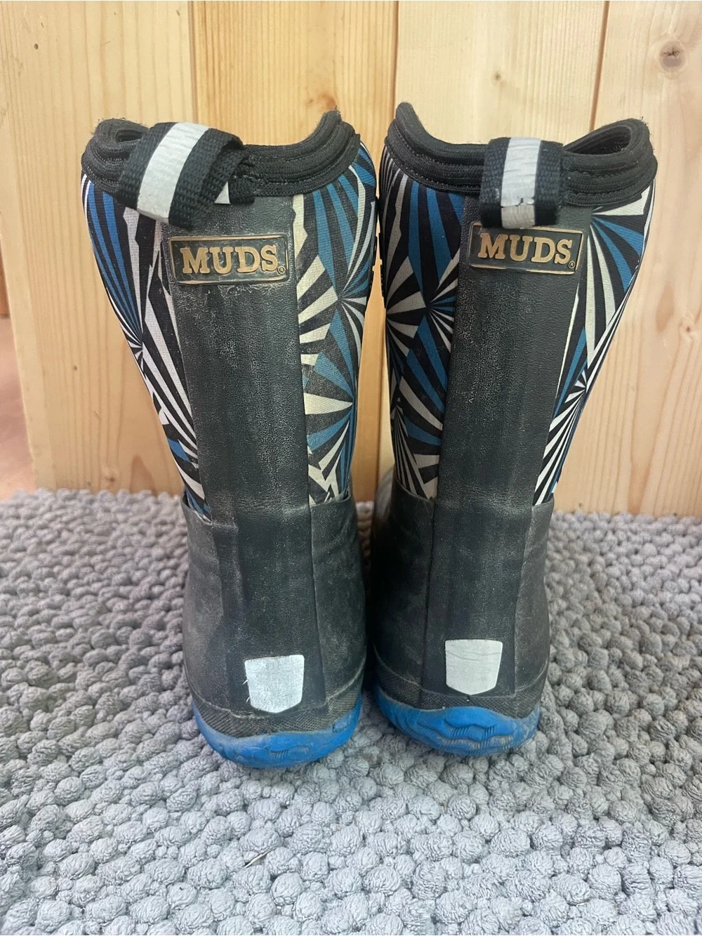 Kids Black and Blue Geometric Waterproof Rain Boots with Easy Pull Handles